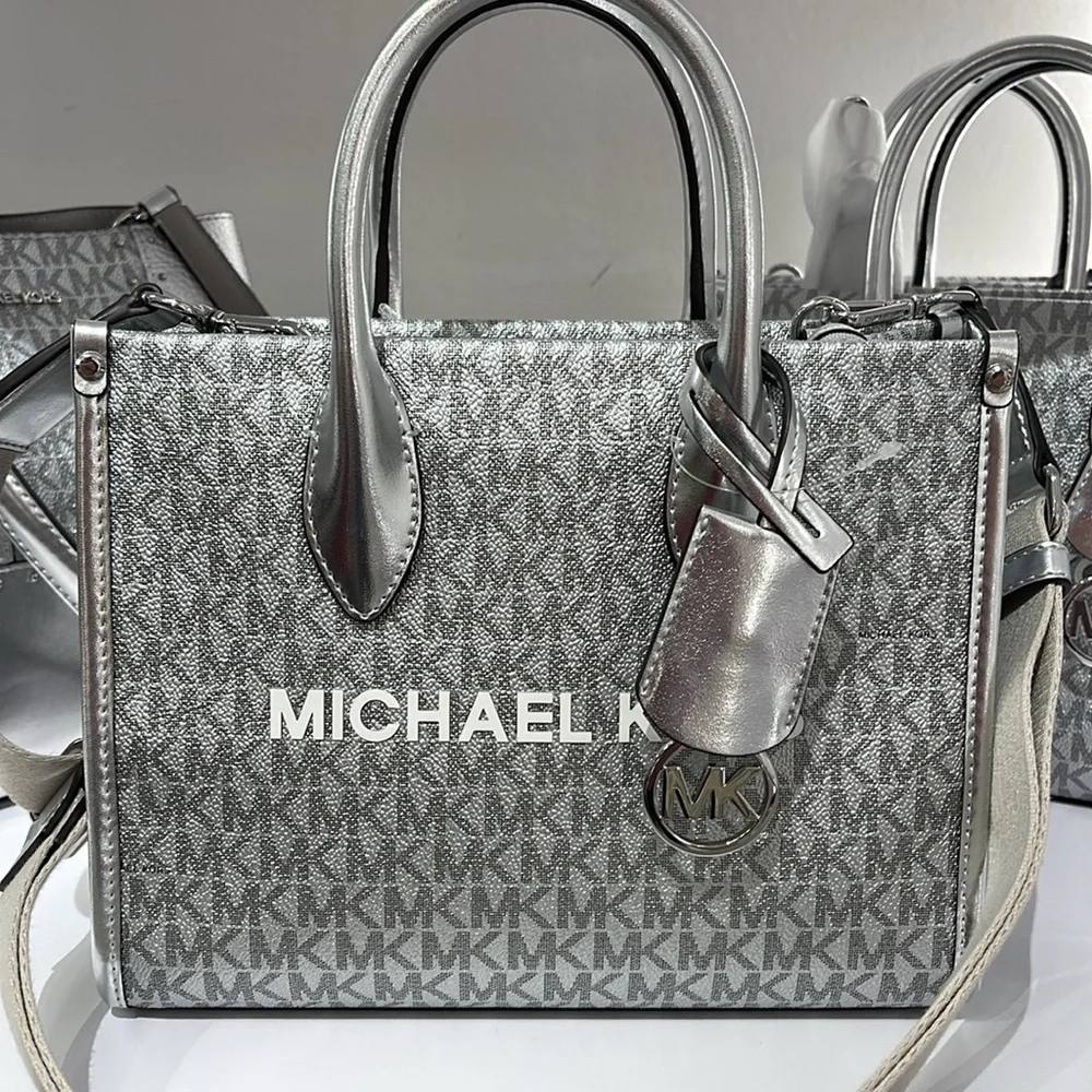 Michael Kors Mirella Small Metallic Signature Logo Crossbody Bag  Silver  NWT